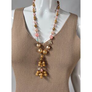 Vintage Beaded Necklace With Dangle Pendant & Crystal Accents